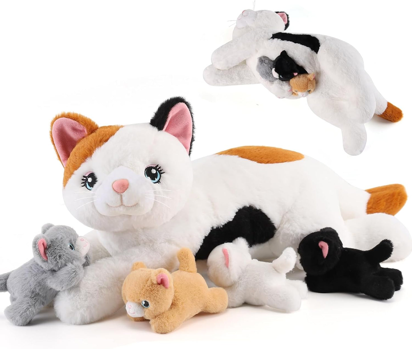 5 Pieces Cat Stuffed Animals with Babies Inside Belly - 1 Mommy Stuffed Cat with 4 Kittens - Stuffed Kitty Plush Toys for Kids Age 3-8, Gifts Ideal for Christmas, Valentine's, Birthday