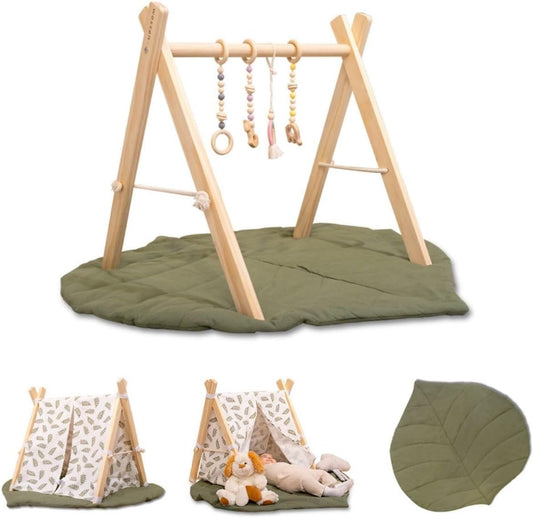 Wossen® Wooden Baby Play Gym Set and PlayTent Cover, Naturel Baby Gym, Reliable Toys, Ergonomic and Multipurpose Use, Mat and Play Tent Cover, Newborn Gift for Baby Girl and Boy
