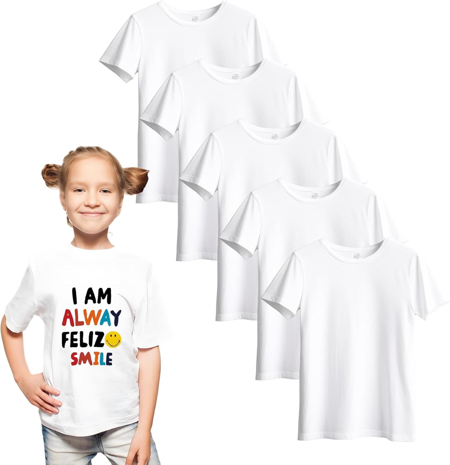 5 PCS Sublimation T-Shirt Blank for Toddler,White Polyester Crew Neck Short Sleeve T-Shirts for Kids