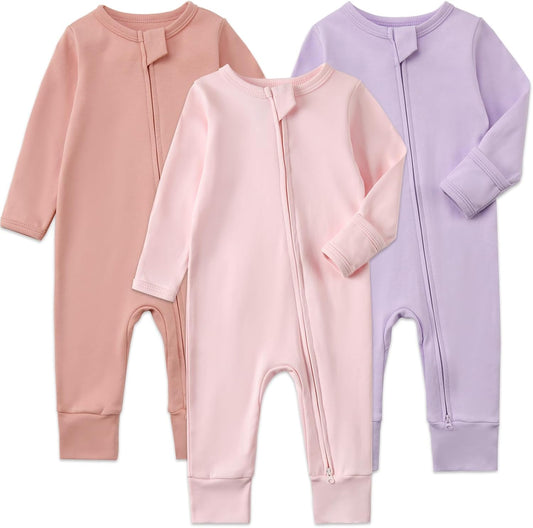 Aablexema 3-Pack Organic Cotton Baby Footless Pajamas with Mitten Cuffs, 2-Way Zipper Romper Sleepers