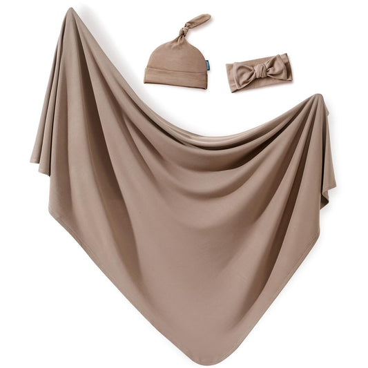 GRSSDER Newborn Swaddle Blanket, Ultra Soft Jersey Receiving Blanket with Matching Headband and Beanie Set 33×44", Stretchy Baby Neutral Swaddle Wrap for Girls and Boys