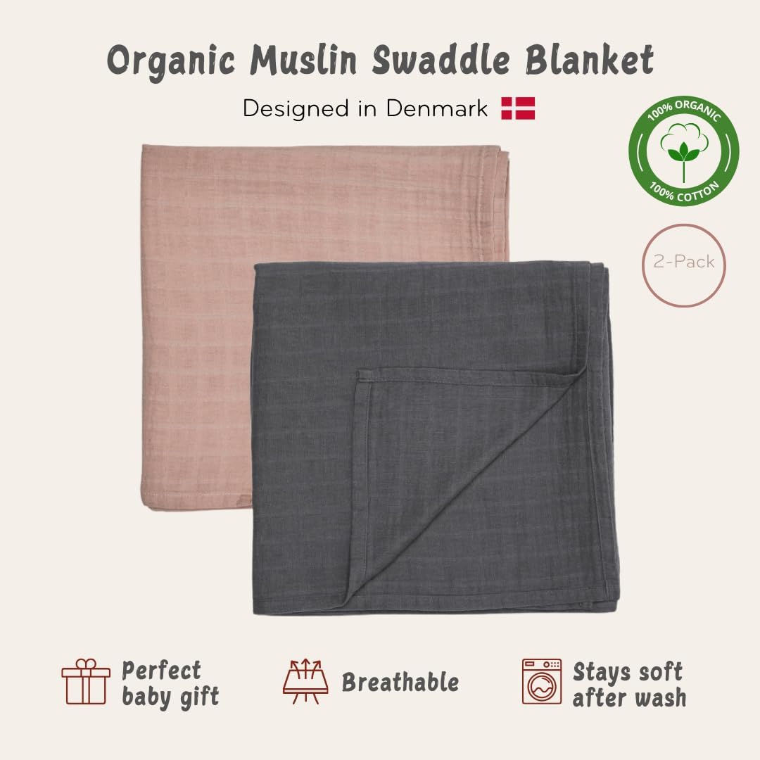 Swaddle - 100% Organic Cotton - Muslin Swaddle Blankets for Newborn, 47" x 47" 2-Pack (Blush/Soft Grey)