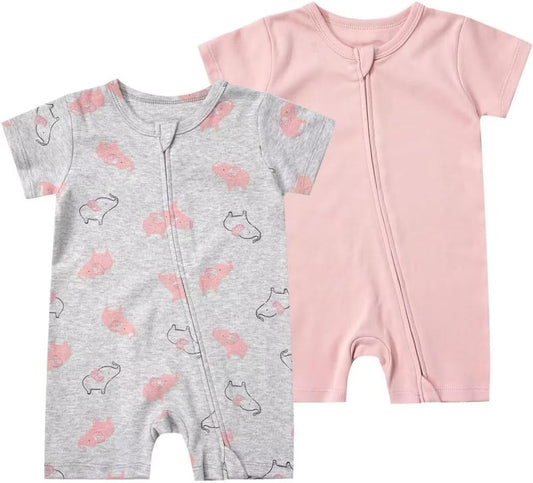 Teach Leanbh Unisex Baby 2 Pack Pajamas Cotton Short Sleeve 2 Way Zipper Printing Soild Romper Jumpsuit Sleep and Play