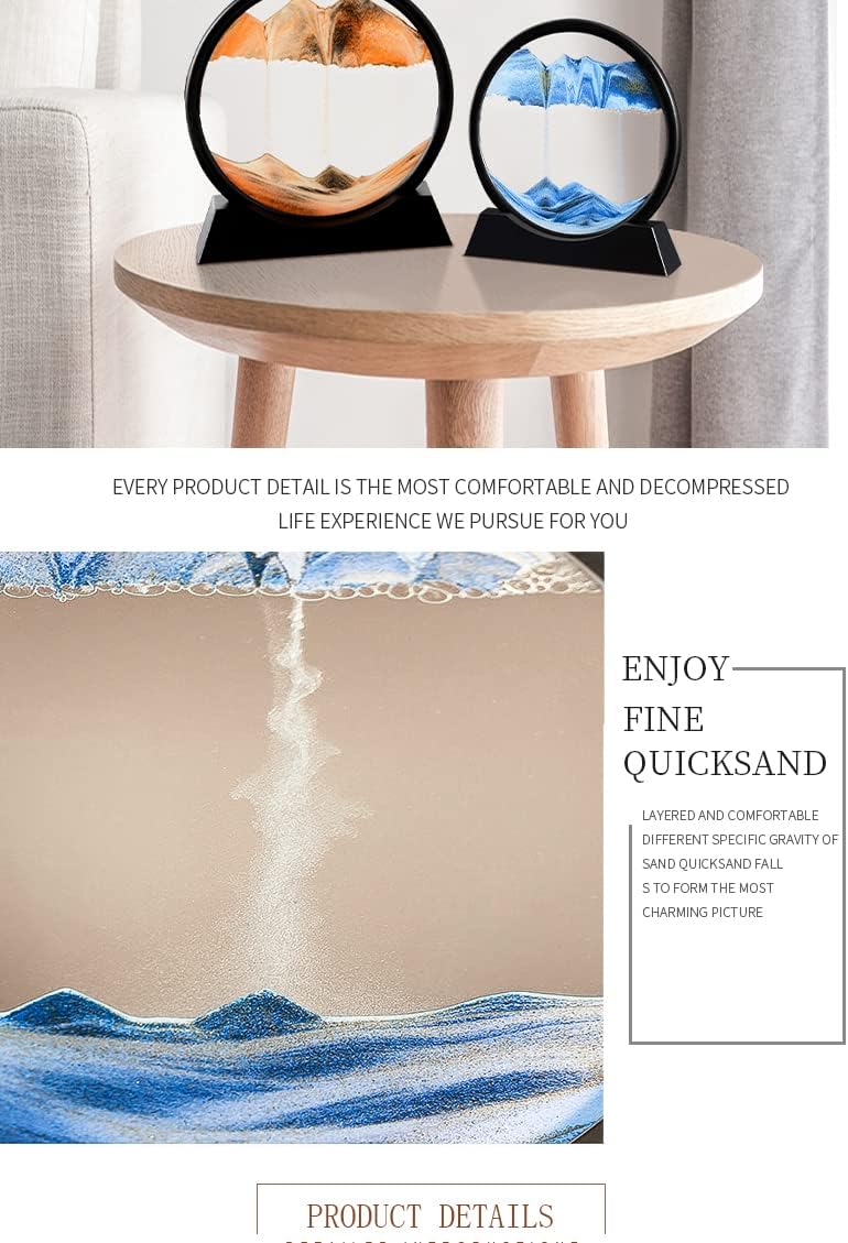 Moving Sand Art Picture 3D Deep Sea Sandscapes Sand Art Liquid Motion Bubbler Timer for Adult Kid Desktop Art Toys for Home Decor and Office(Round+Gold+7In)