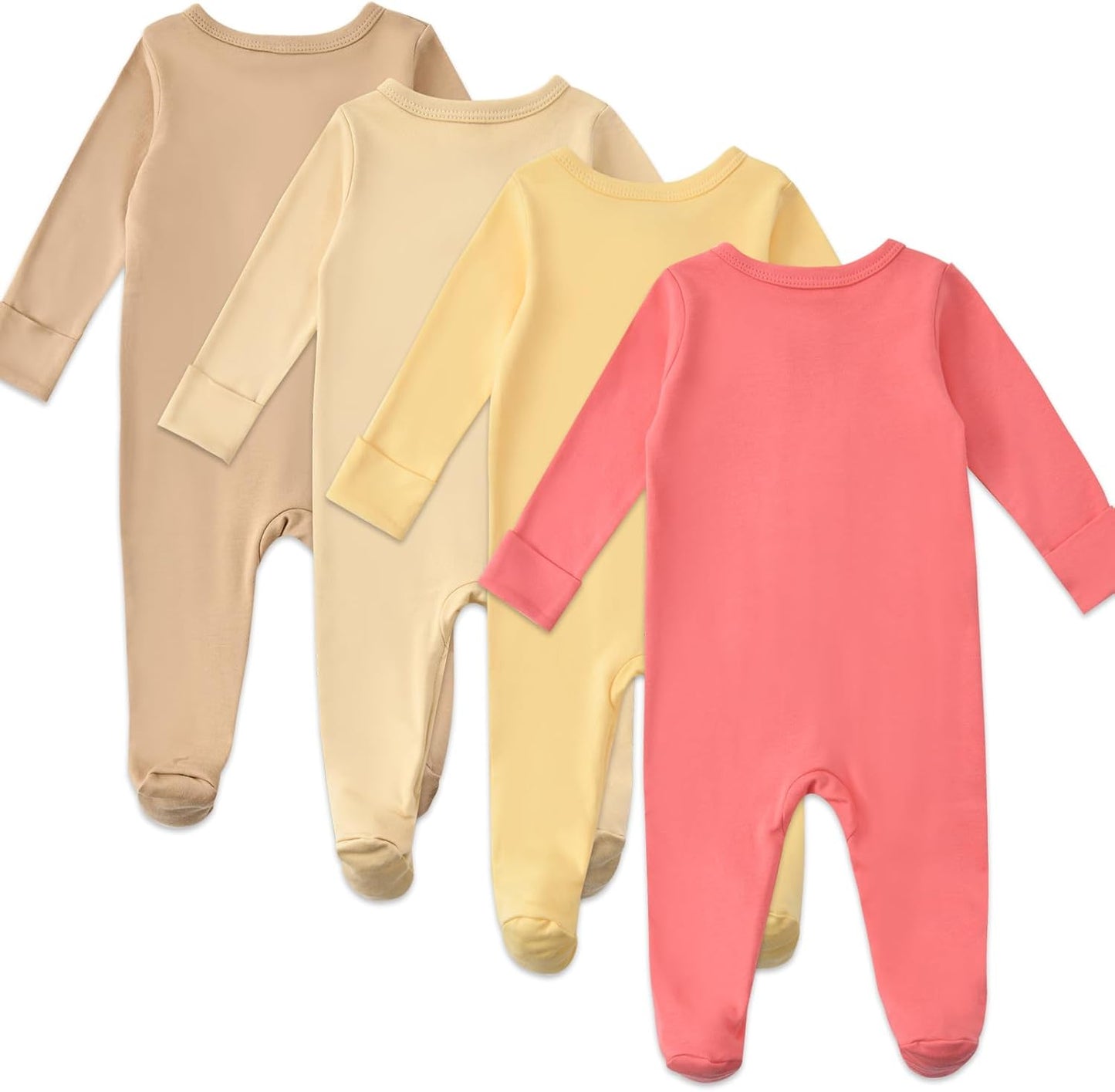 Aablexema Baby Footed Pajamas with Mitten Cuffs Zipper 4-Pack Infant Newborn Cotton Long Sleeve Outfit