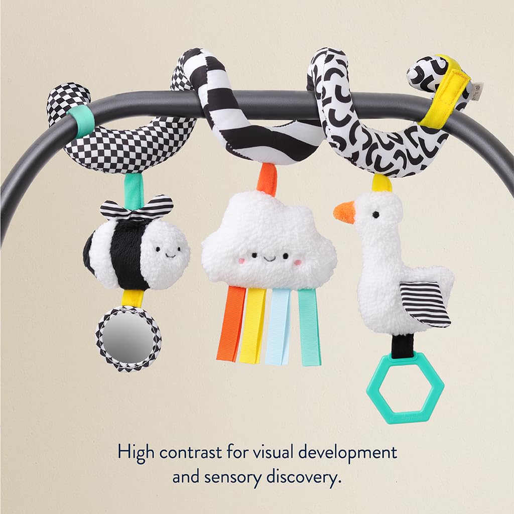 Itzy Ritzy Spiral Car Seat & Stroller Activity Toy - Stroller & Car Seat Toys for Ages 0 Months and Up - Hanging Toys Include Dangling Ring, Mirror and Textured Ribbons (High Contrast)