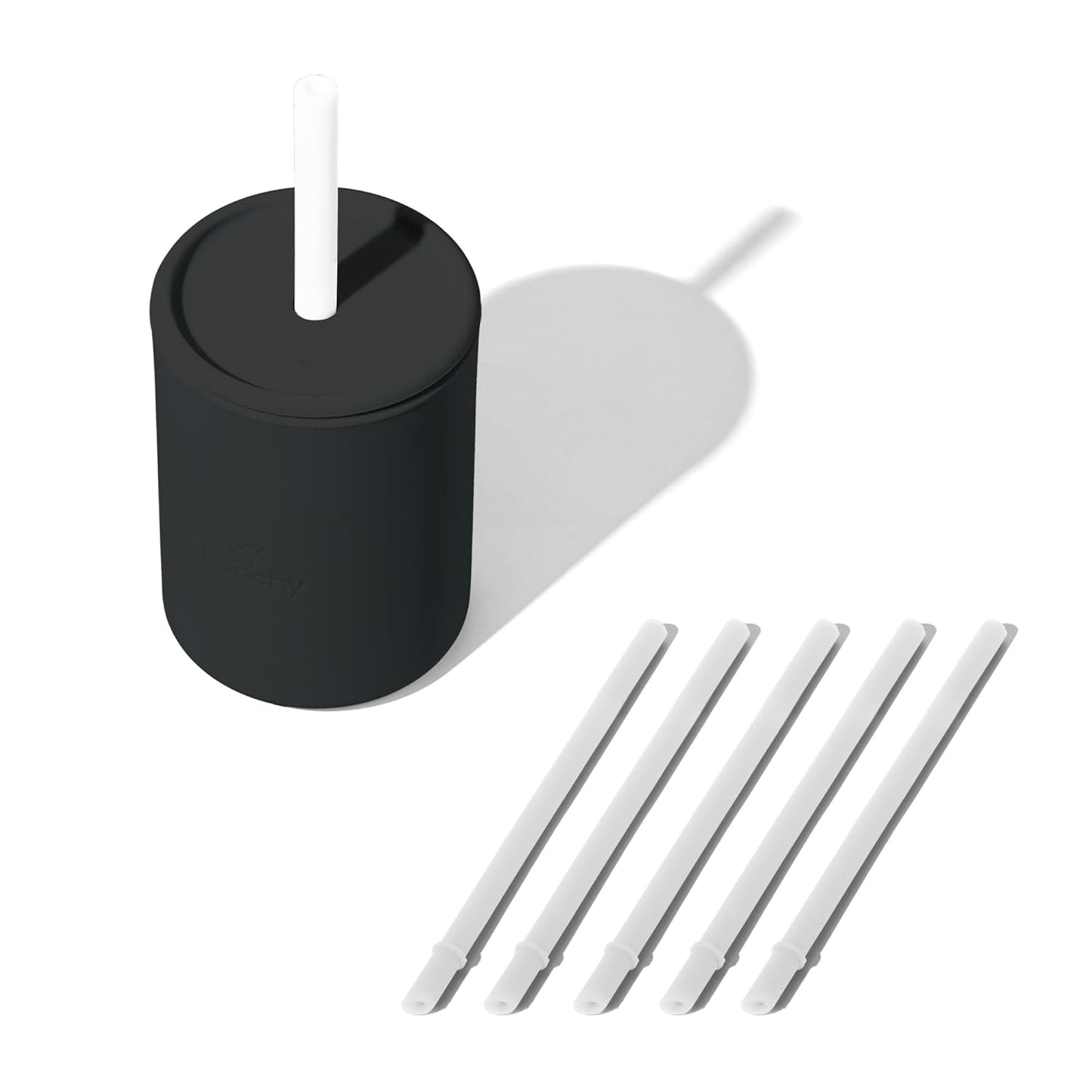 Avanchy Silicone Training Sippy Cup with Straw Lid – Tiny Cup for Babies 6+ Months to Toddlers 1 Year Old – 5 oz Infant Water Cup for Baby Led Weaning, Black + 5 Reusable Straws