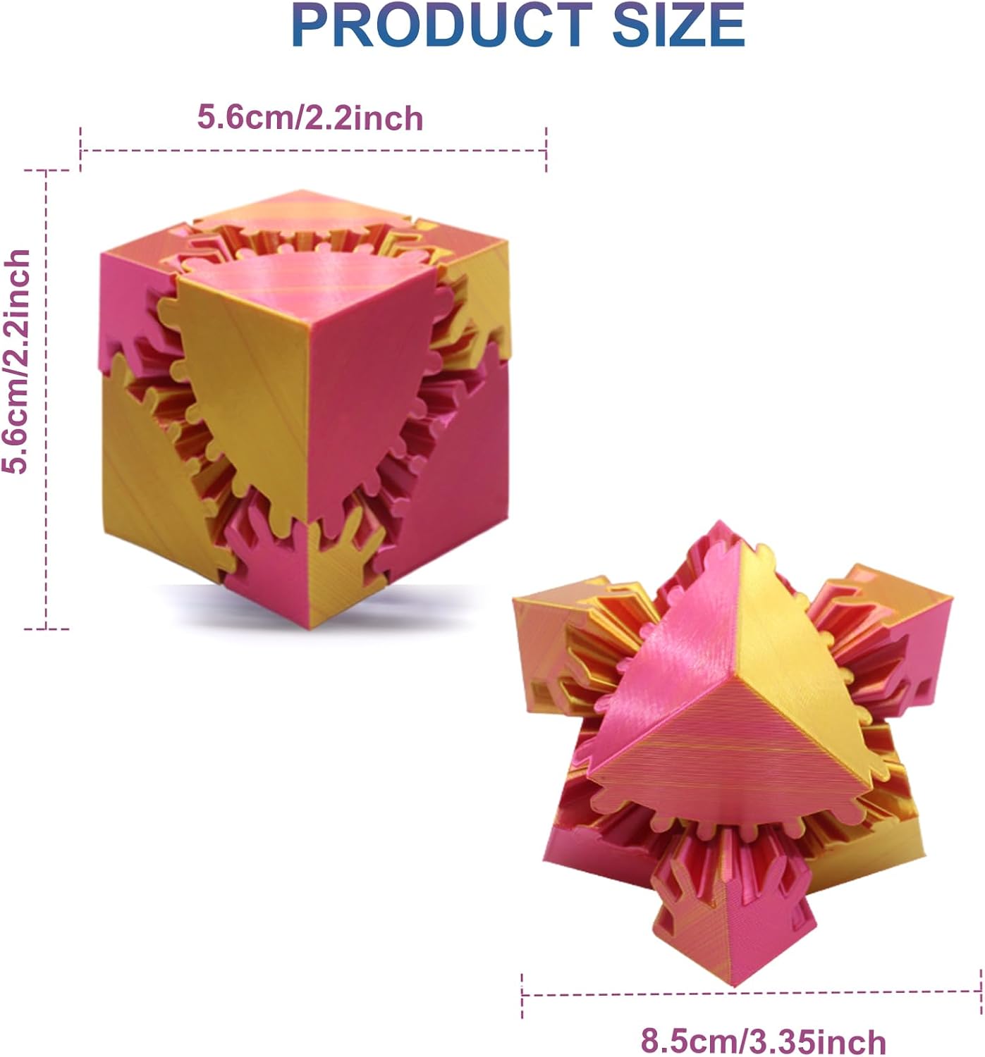 Gear Sphere Gear Cube 3D Printed Gear Ball Spin Cube Fidget Toy Relieving Stress & Anxiety, Fidget Cube GearSphere Desk Toy, Whirling Wonder Fidget for Sensory and Autism (Laser Red Gold)