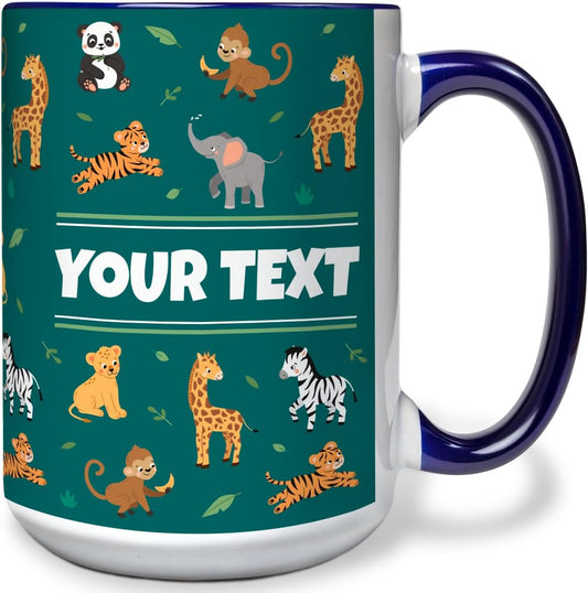 Personalized Mug for Kids - Zoo Animals - Custom Name/Text, Ceramic Hot Chocolate/Cocoa/Coffee Cup for Boys/Girls, Birthday/Christmas/Holiday Gift - 15 oz, Navy Blue Handle