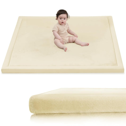Baby Play Mat for Floor, 1.3" Thick Elasti-Foam 50x50 Playpen Mat for Toddlers Infant Kids,Water-Repellent Soft Velvet for Tummy Time, Non-Slip Backing for Crawling, Tatami Style(Vanilla)
