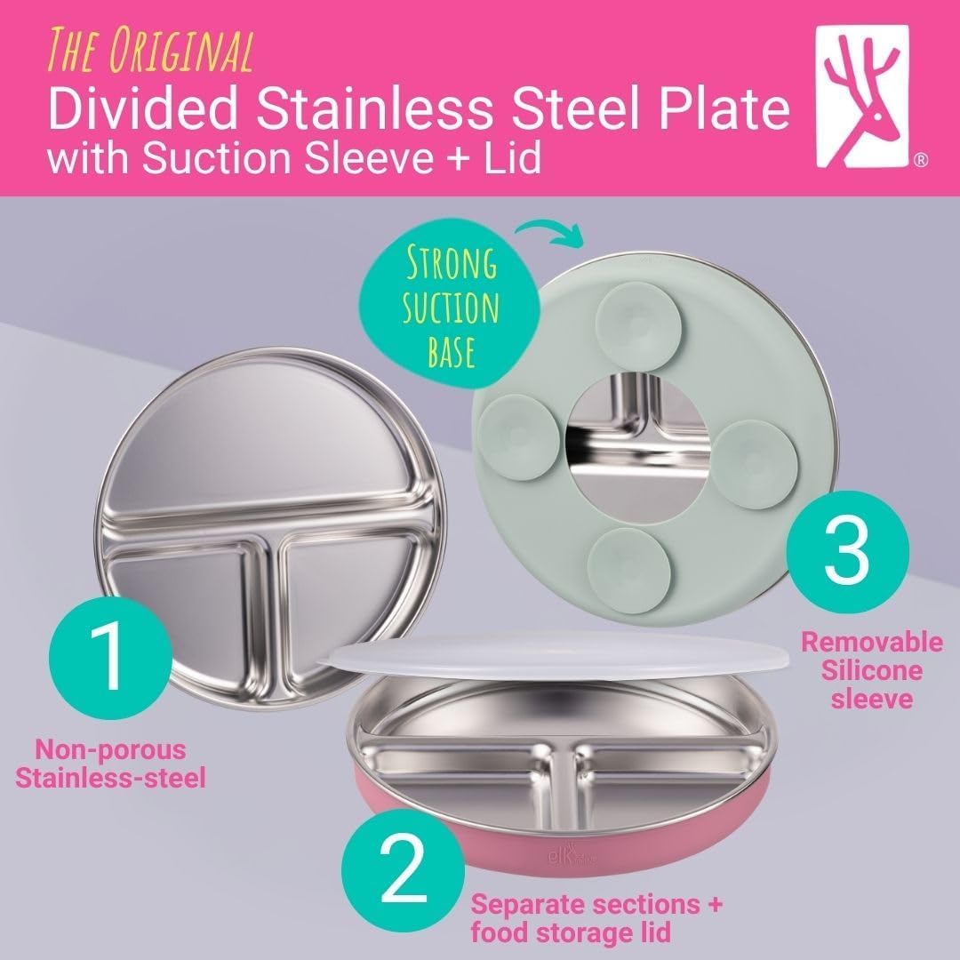 Elk and Friends Stainless Steel Divided Plates with Silicone Sleeve for Babies & Toddlers | Lids Included | Stay Put Suction | Dinner & Snack Plates | 4 Pack