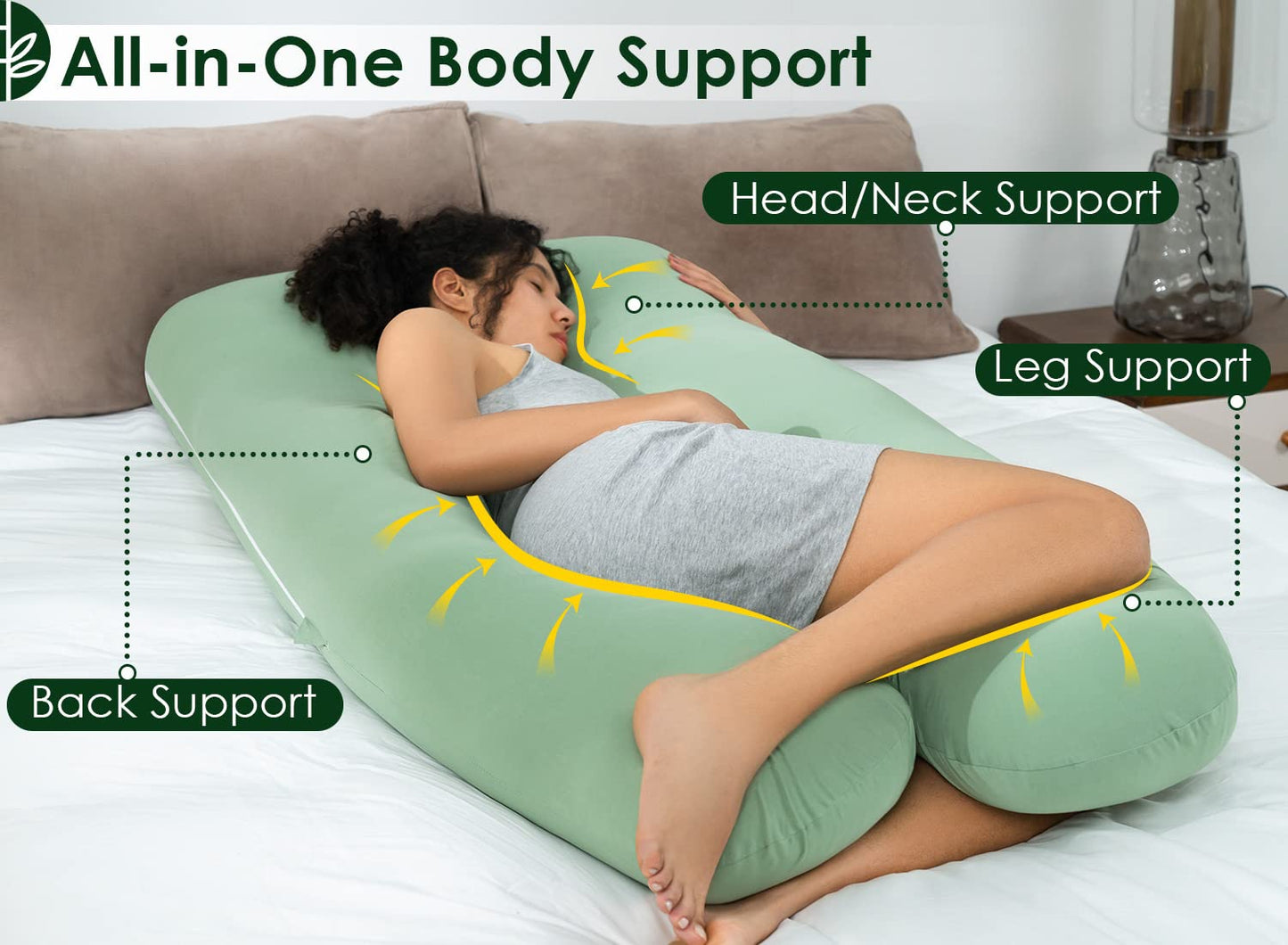 QUEEN ROSE Cooling Pregnancy Pillows, U Shaped Full Body Maternity Pillow for Pregnant Support, Rayon Derived from Bamboo, Buttery Soft, Super Breathable for Hot Sleeper, Green