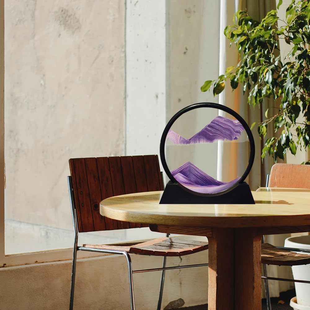 Aoderun Moving Sand Art Picture Round Glass 3D Deep Sea Sandscape in Motion Display Flowing Sand Frame Relaxing Desktop Home Office Work Decor (7", Purple)