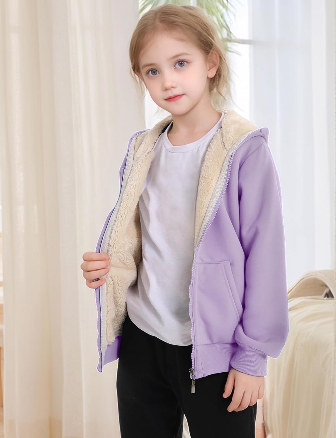 Gihuo Unisex Boy's Girls Winter Warm Sherpa Lined Zip Up Sweatshirt Fleece Jacket Kid's Hoodie Outerwear