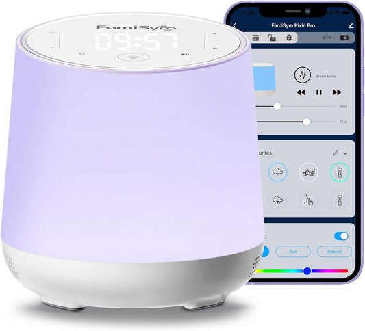 FamiSym White Noise Machine for Baby & Kids, Nursery Night Light & Alarm Clock, Dimmable Clock & Temperature Display, 34 Soothing Sounds, Toddler Sleep Trainer