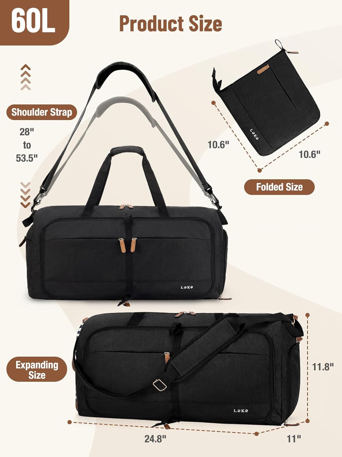 Lekesky Foldable Travel Duffle Bag for Women, 60L Large Duffel Bag with Separate Shoes Compartments & Straps, Carry On Weekend Bag for Women, Hospital, Overnight (Black)