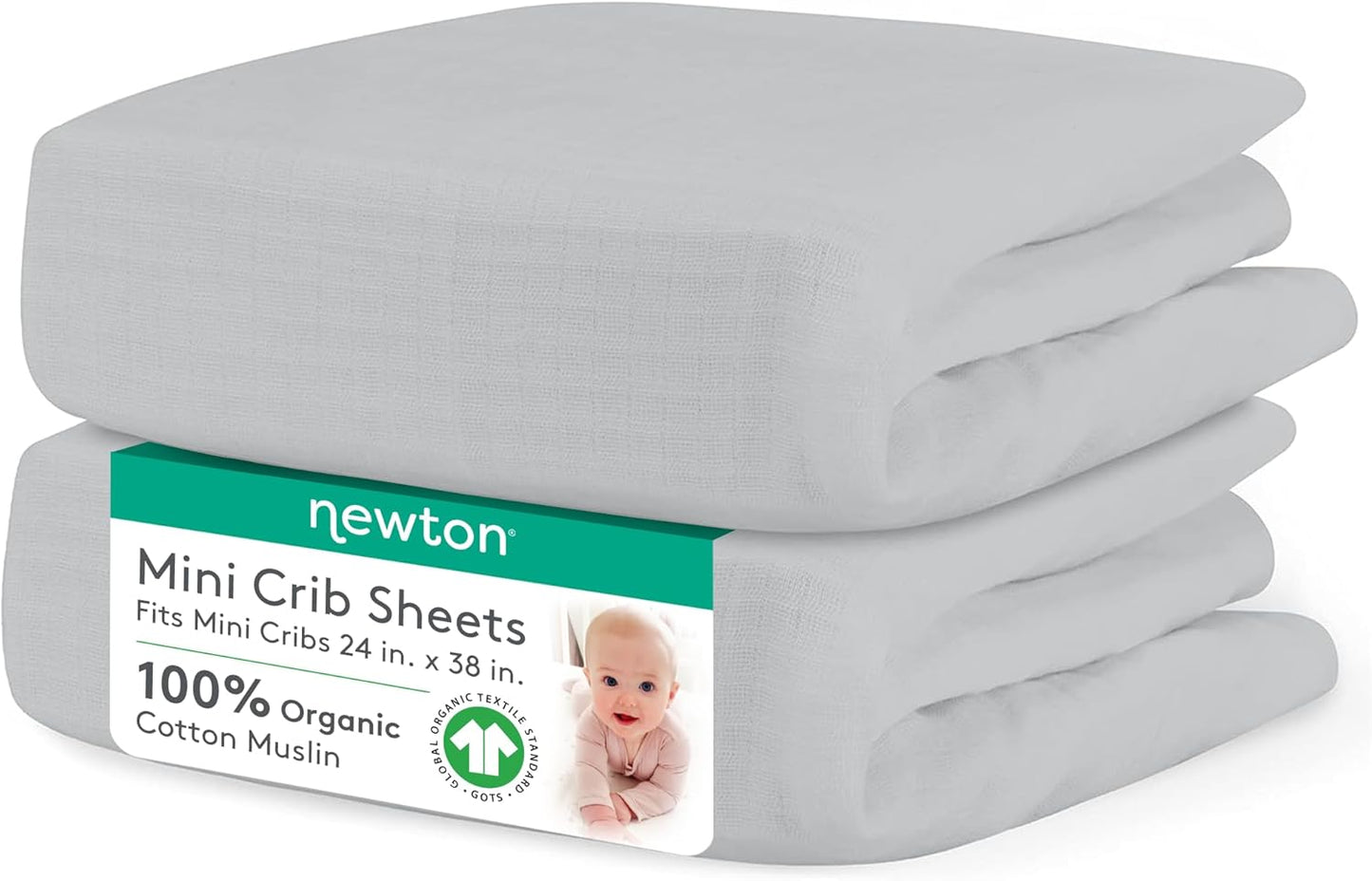 Newton Baby Fitted Mini Crib Sheets (2-Pack) | Organic Muslin Cotton, Ultra Breathable & Soft Baby Sheets, Machine Washable Baby Mattress Sheets, Fits Any Mini Sized Crib 24" x 38", Twilight Grey