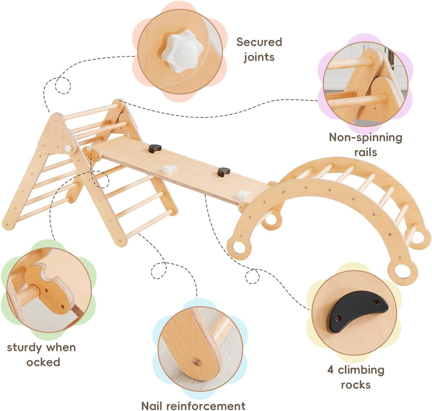 Asweets Pikler Triangle Set, 5 in 1 Foldable Montessori Climbing Set with Ramp, Baby Climbing Toys for Indoor Playground, Jungle Gym for Kids with Arch Climber, Rocker, Suitable for Toddlers