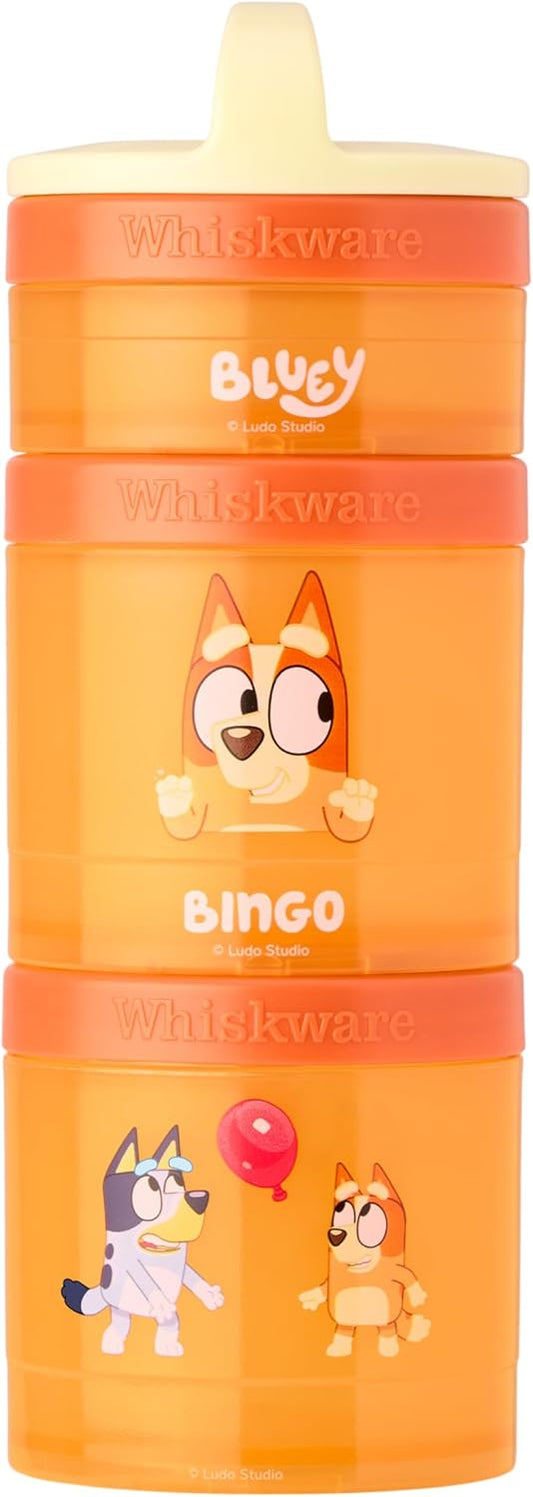 Whiskware Bluey Stackable Snack Containers for Kids and Toddlers, 3 Stackable Snack Cups for School and Travel, Bluey and Bingo, Hooray!