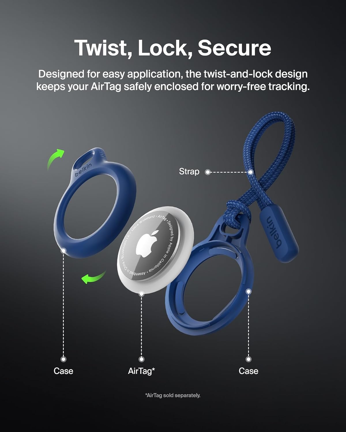 Belkin Apple Airtag Secure Holder With Strap - Apple Air Tag Keychain - Airtag Holder With Strap For Key Ring - Airtag Keychain Accessories - Scratch Resistant Airtag Case With Raised Edges - Blue