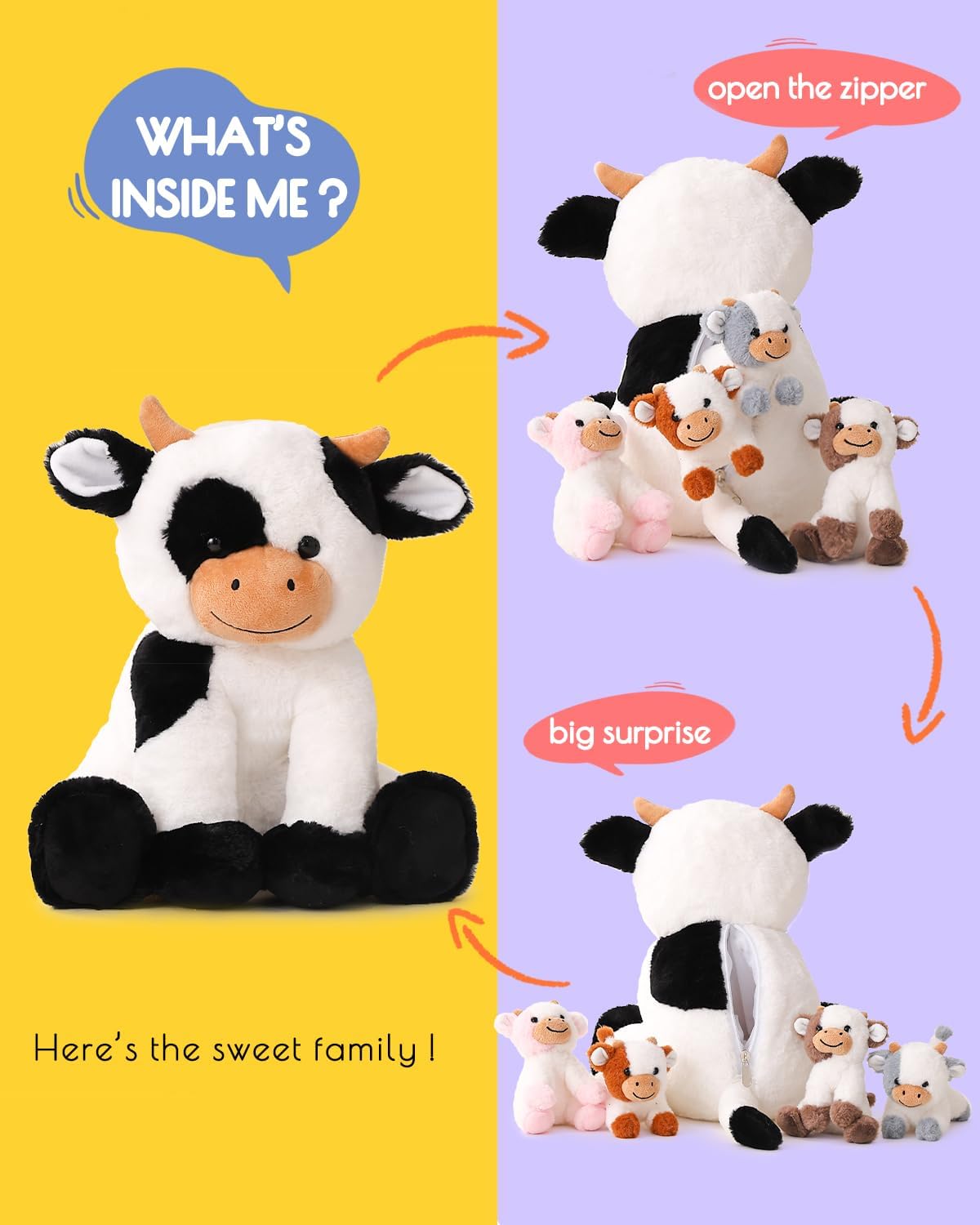 5 Pieces Cow Stuffed Animals for Boys Girls, 1 Mommy Cow with 4 Babies Soft Plush Toy Set Gifts for Kids Children 3 4 5 6 7 8 9 Years, Christmas, Birthday, Party Decorations