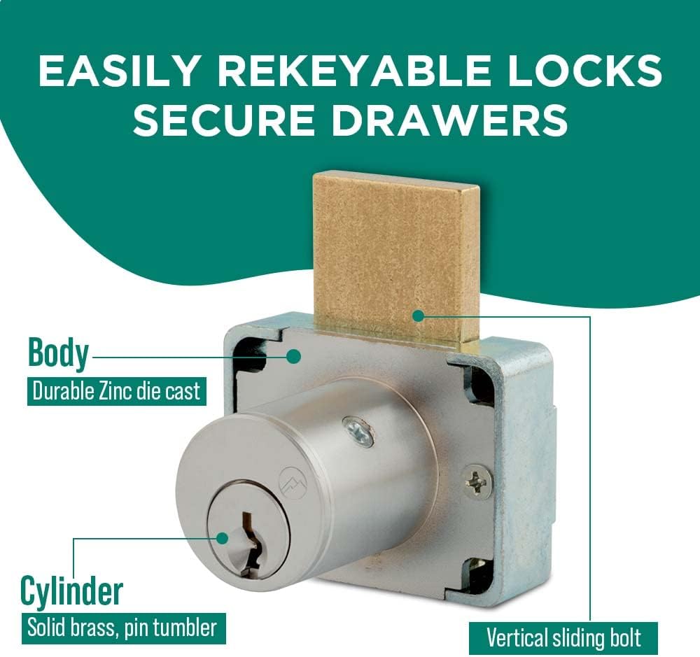 200DW Deadbolt | 1-3/8" Chrome Key Lock US26D | NATL KA915 Easily Rekeyable Drawer Lock, Keyed Alike | Grade 1 Vertical Deadbolt | Door Lock for Drawers