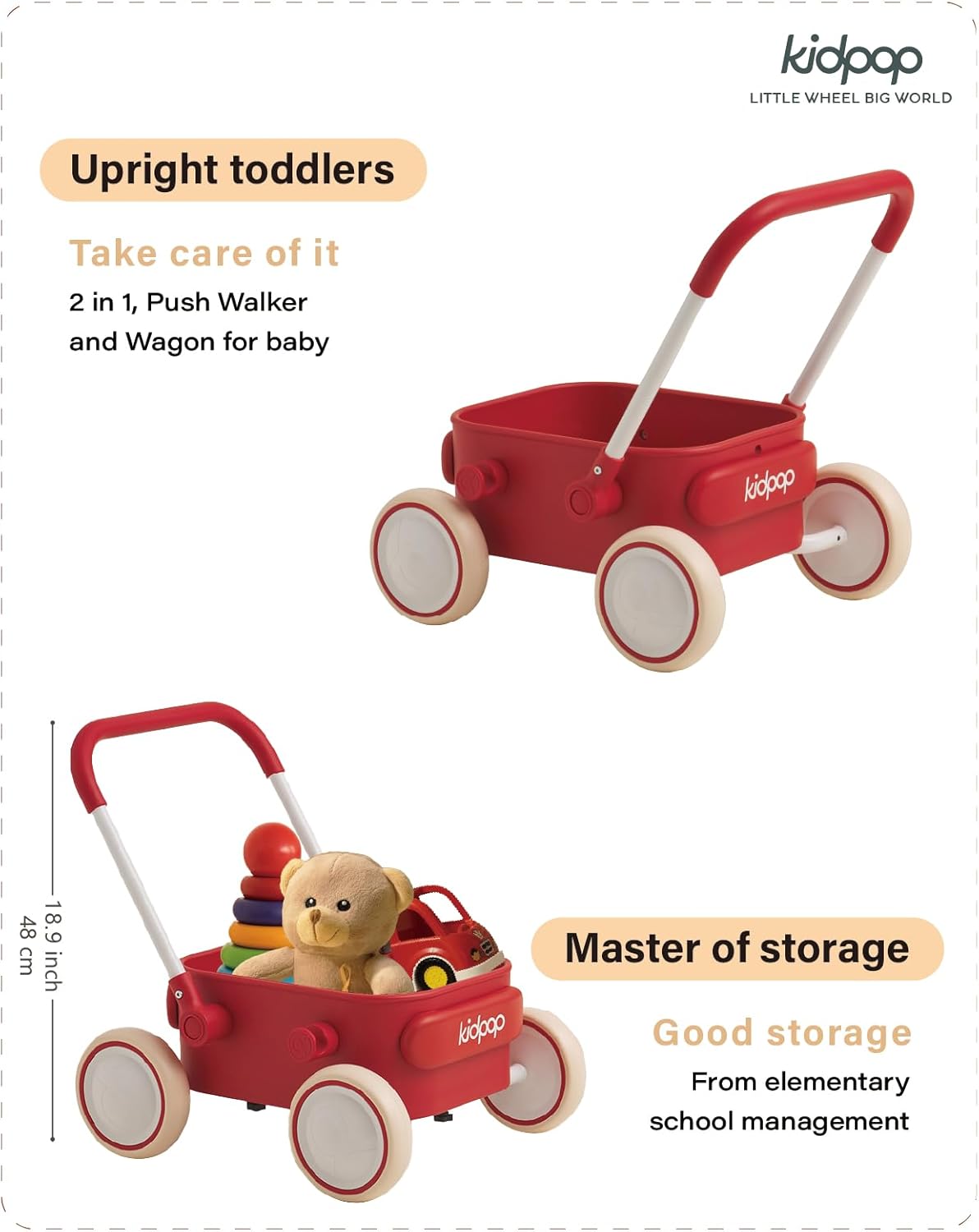 PULA Baby Push Walker with Wheels Toddler Wagon for First Learner Baby Toys 6-12 Months, 1 Year Old Birthday Gifts, Indoors and Outdoors (Red)