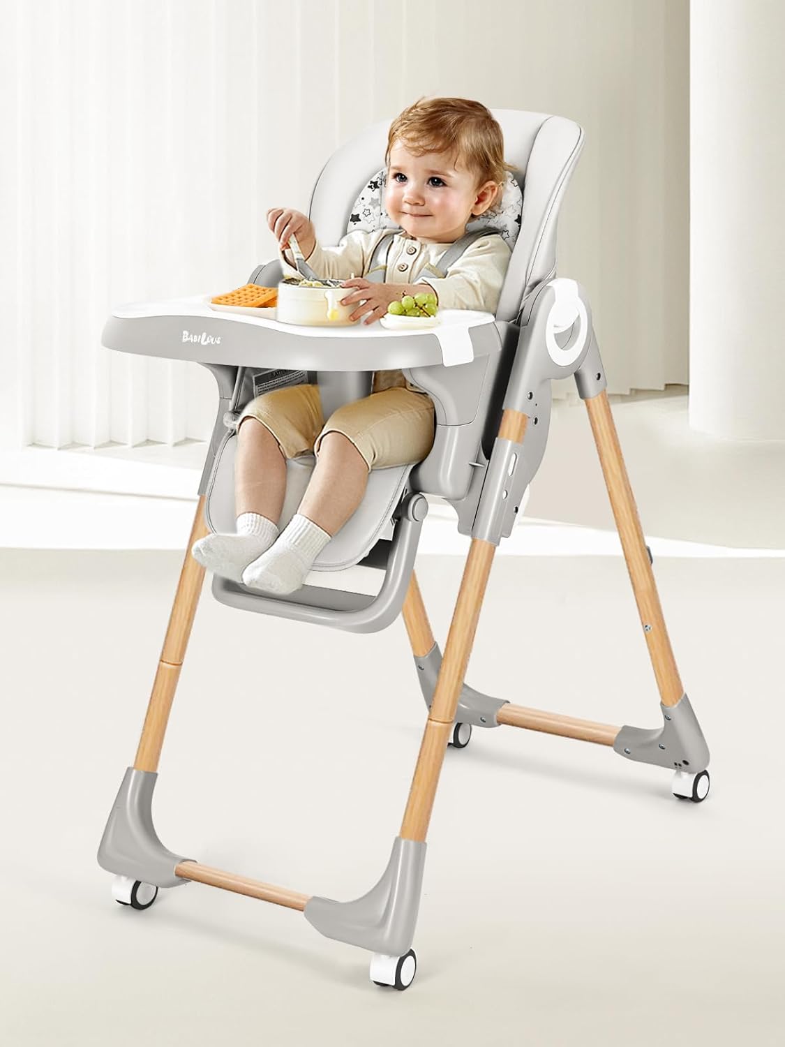 Foldable High Chair with Soft Cushion, High Chairs for Babies and Toddlers, Height Adjustable Feeding Chair, Adjustable Backrest and Footrest, Lockable Wheels, Woodgrain Star Gray
