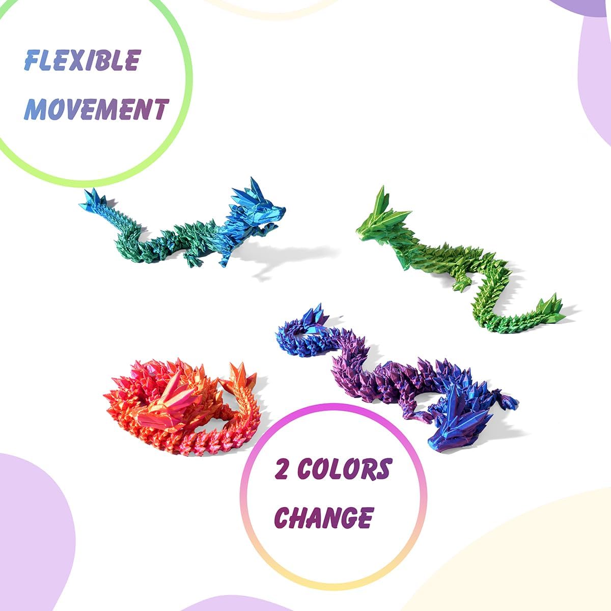 12" 3D Printed Dragon, Articulated Dragon, Crystal Dragon, Dragon Fidget Toy, Home Office Decor Executive Desk Toy (Purple)