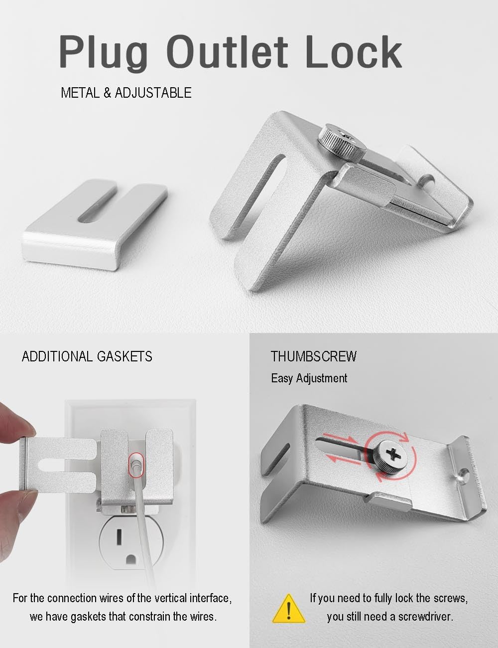 Charger Lock to Outlet, ILIVABLE Adjustable Metal Outlet Lock, Firmly Secures Power Plug from Unplugging (Silver, 1 Pack)