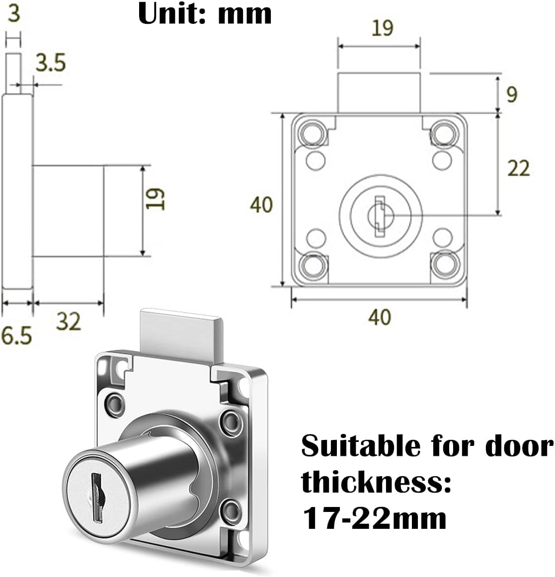 Cabinet Drawer Locks & Forstner Drill Bit (Drill Diameter 0.79"/20mm) Furniture Locker Locks Wardrobe Locks All Lock Keys are Independent Suitable for Door Panels 17-22 mm Thick. [Silver]