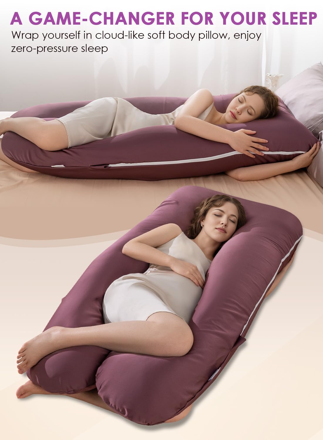 QUEEN ROSE Pregnancy Pillow, Maternity Body Pillow for Sleeping, U Shaped Pillow for Body Support Sleeping, Silky Satin Cover, Purple