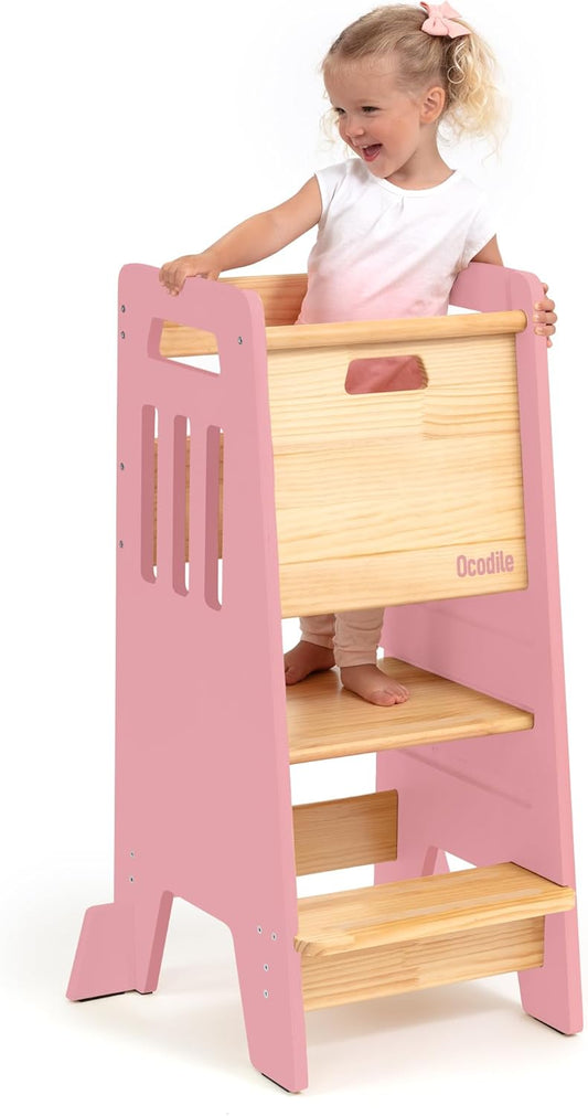 Toddler Tower with a Sliding Door and 3 Adjustable Heights - Complete Toddler Kitchen Stool Helper with Support Feet - Safe Design for 18+ Months to 6-Year-Old Kids - Pink