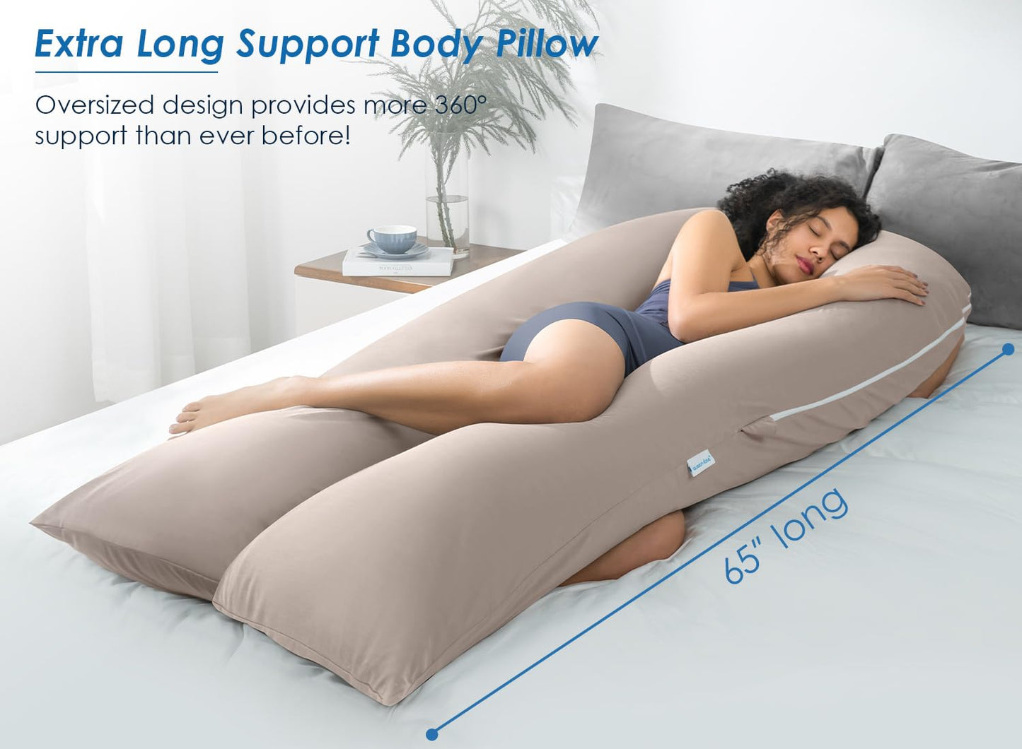 QUEEN ROSE Extra Long U Shaped Body Pillow, Cooling Pregnancy Pillows for Sleeping, 65 Inch Full Body Support Maternity Pillow for Adults, Support for Back, Hip, Legs for Pregnant Women, Nomad