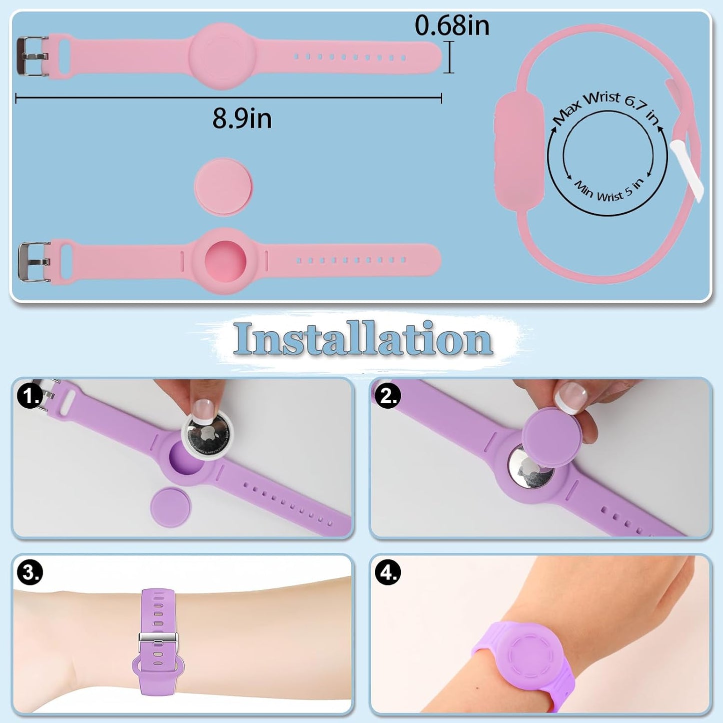 Waterproof Airtag Bracelet for Kids, Silicone Wristband Compatible with Apple Air Tag Hidden Holder Case, GPS Tracker Anti-Lost Adjustable Airtag Strap for Toddler Child (Pink)