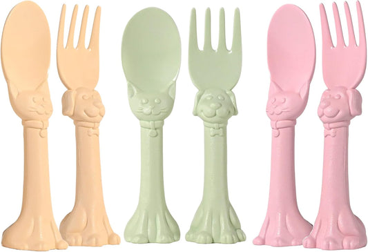 Made in USA Spoon la la Toddler Utensils Set - 6 Pack (3 Spoons & 3 Forks for Kids) - Self-Standing 3D Ergonomic Cat & Dog Handles - BPA-free, Dishwasher Safe, Baby Silverware (Pink, Yellow, Mint)