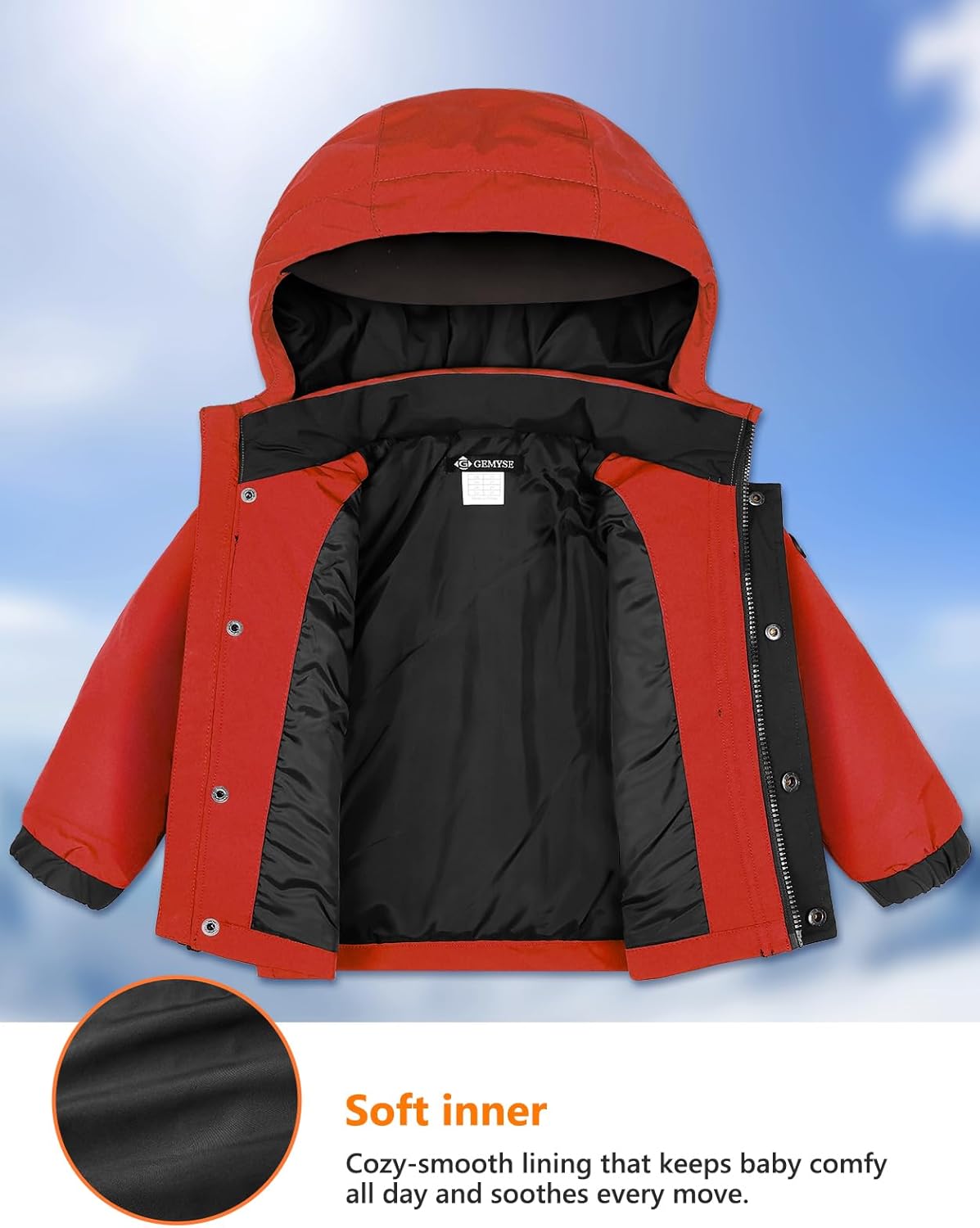 GEMYSE Toddler Boys Winter Coat Waterproof Ski Snow Jacket with Hood Thicken Warm Baby Jacket Outerwear