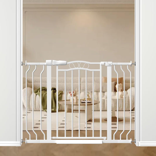 29.5-43.7" Wide Baby Gate for Stairs No Drilling, 30" Tall Metal Pet Baby Safety Gates with Expansion Kit, Press Mounted Dog Gate Indoor for Kids, Walk Through Dog Gates for Doorways, White