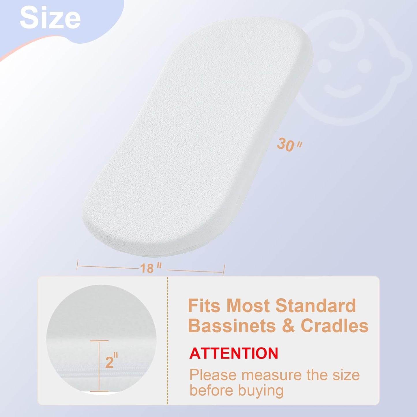 NeoBorn Baby Bassinet Mattress Pad, 30" x 18" Dual Sided Comfort Gel Memory Foam Mattress with Removable Soft Tencel Cover Fit for Halo Bassinest Swivel/Flex/Glide/Premiere/Luxe Series Sleeper