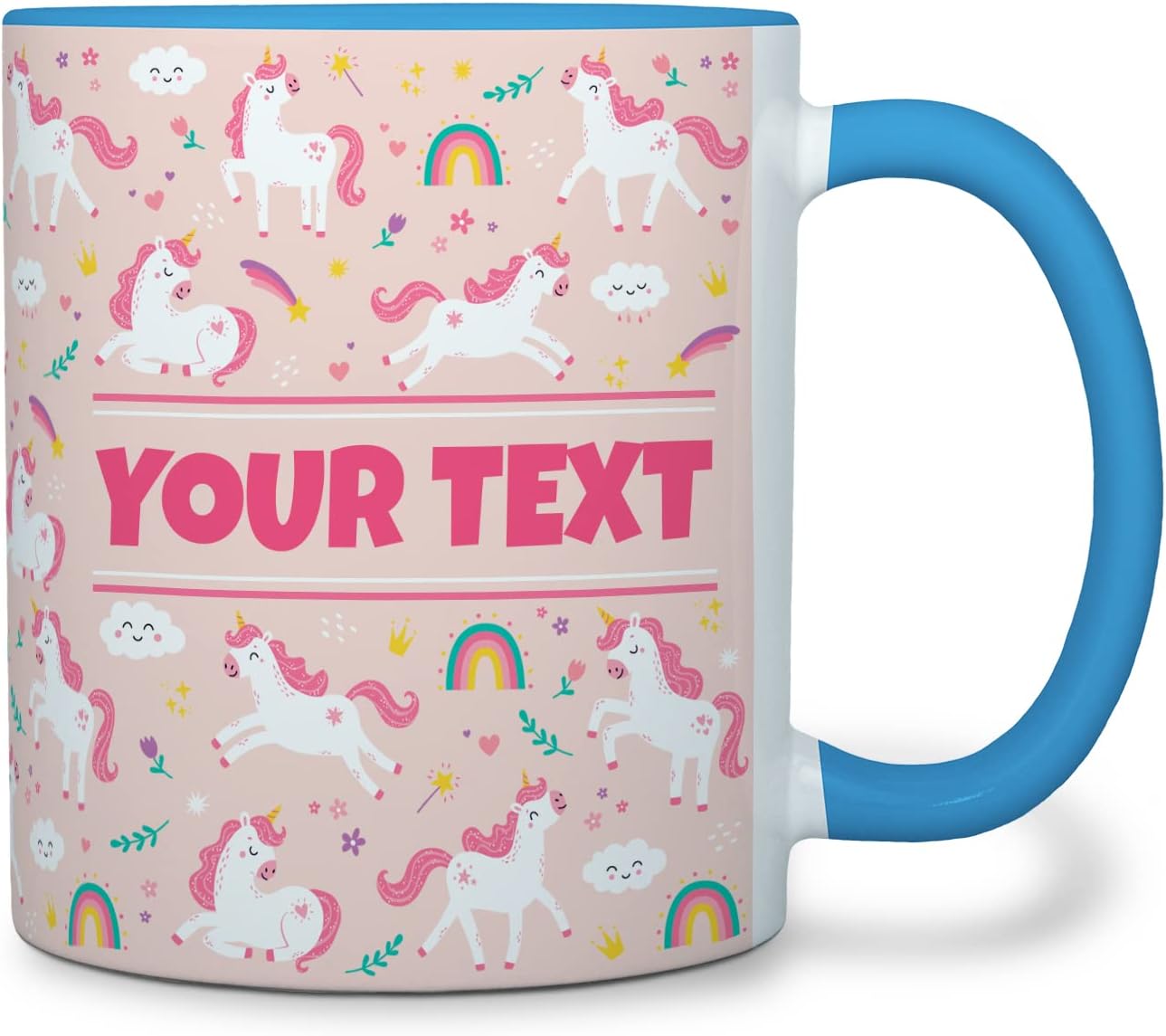 Personalized Mug for Kids - Pink Unicorn - Custom Name/Text, Ceramic Hot Chocolate/Cocoa/Coffee Cup for Girls, Birthday/Christmas/Holiday Gift - 11 oz, Light Blue Handle