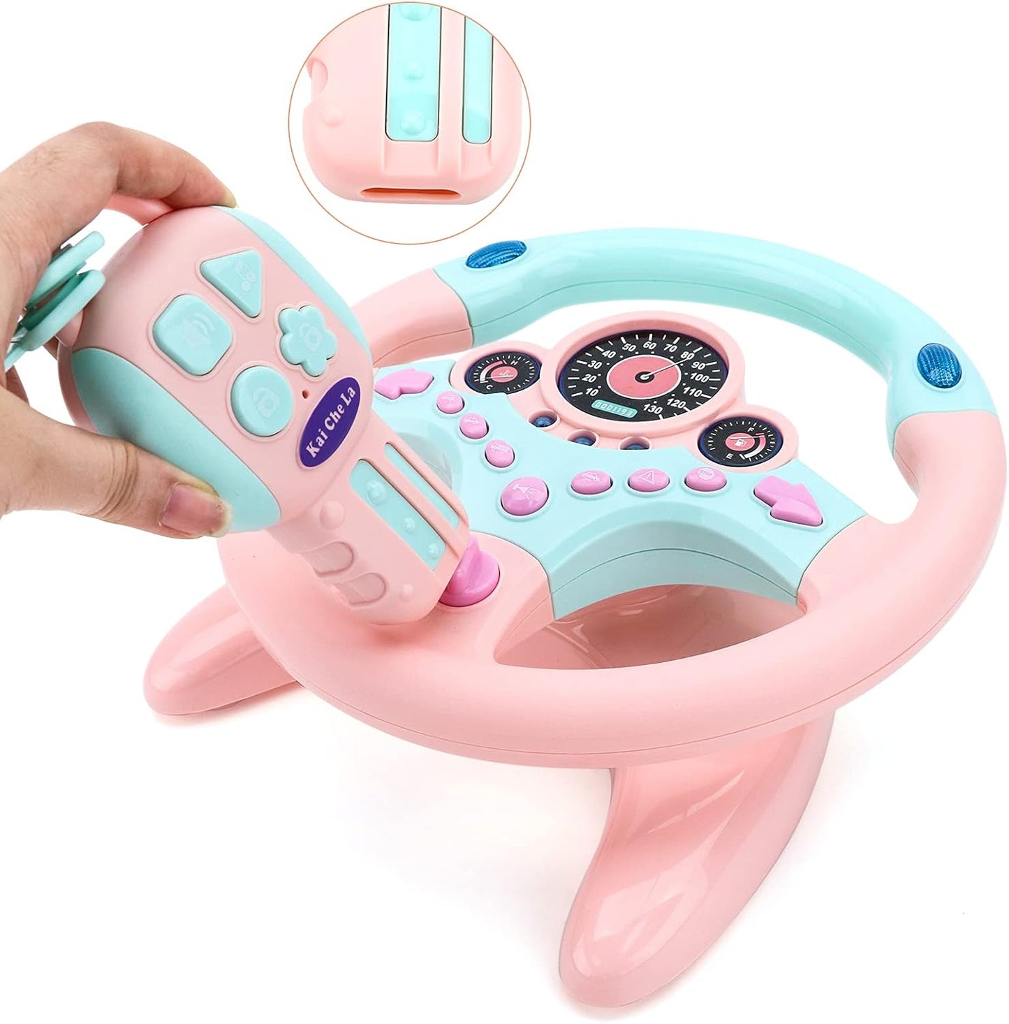 deAO Kids Steering Wheel for Backseat with Key Baby Toys Pretend Driving Simulated Steering Wheel Toy with Light and Music Gifts for Kids Toddlers (Pink)