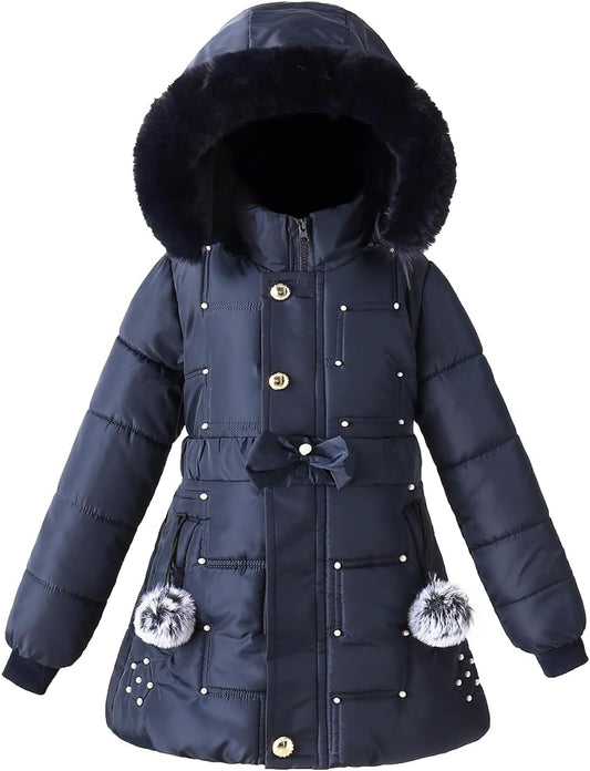 Girls Winter Dress Coats Faux Fur Hooded Fleece Jackets Waterproof Parka Outwear