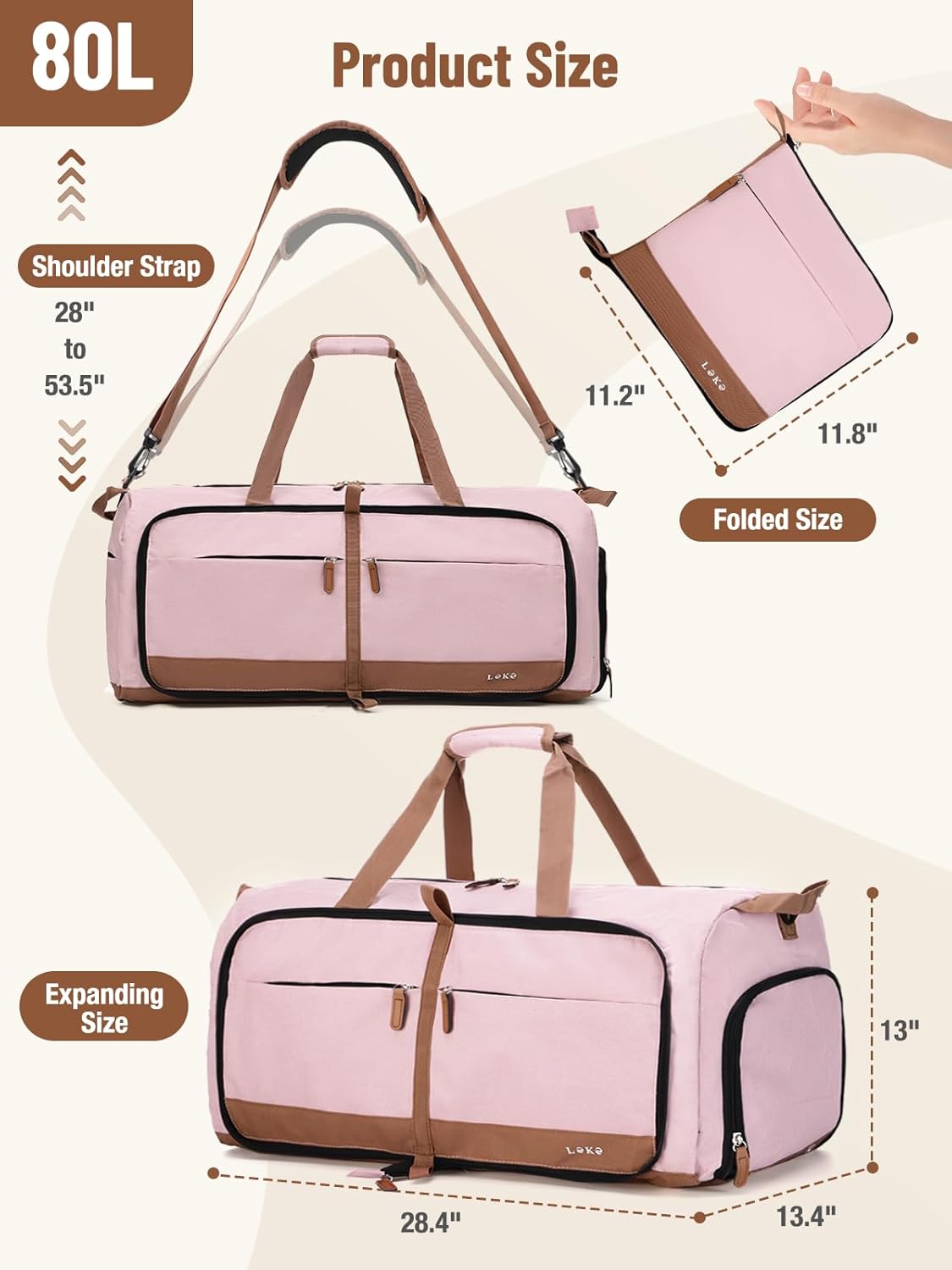 Lekesky Foldable Travel Duffel Bag for Women, 80L Large Duffle Bag with Separate Shoes Compartments & Straps, Carry On Weekend Bag for Women, Hospital, Overnight(Pink)