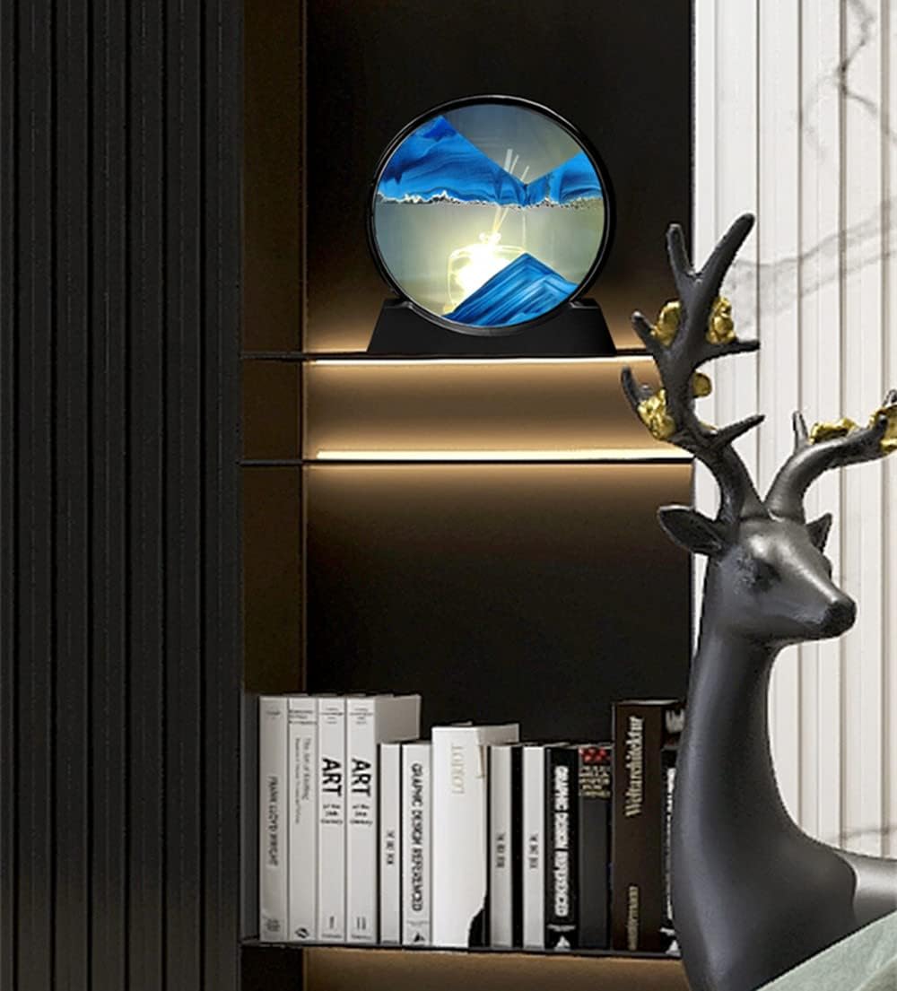 Moving Sand Art Picture in Motion Round Glass 3D Deep Sea Landscape, Calming Fidget Dynamic Sand Art Sandscapes, Sensory Relaxing Desktop Decor Art(7 inch, Blue)