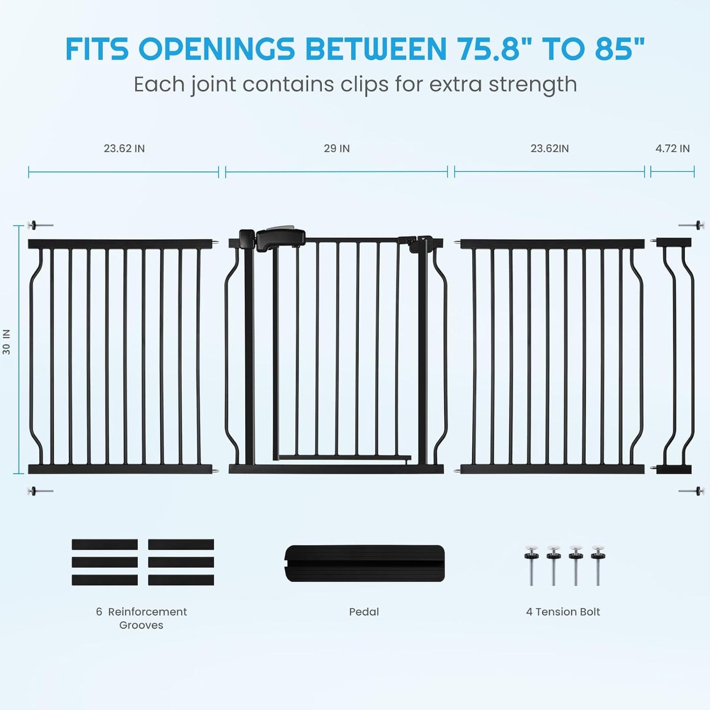 Extra Wide Baby Gate for Stairs Doorways with Door, 30" Tall 75.8-85" Wide Easy Install Dog Gate Indoor, Safety Metal Pressure Mounted Pet Gate with Walk-Thru Auto Close for The House, Black