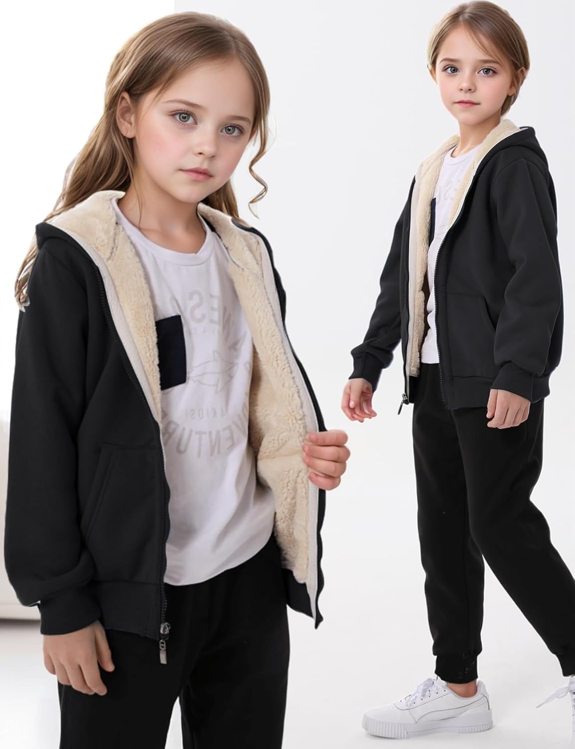 Gihuo Unisex Boy's Girls Winter Warm Sherpa Lined Zip Up Sweatshirt Fleece Jacket Kid's Hoodie Outerwear