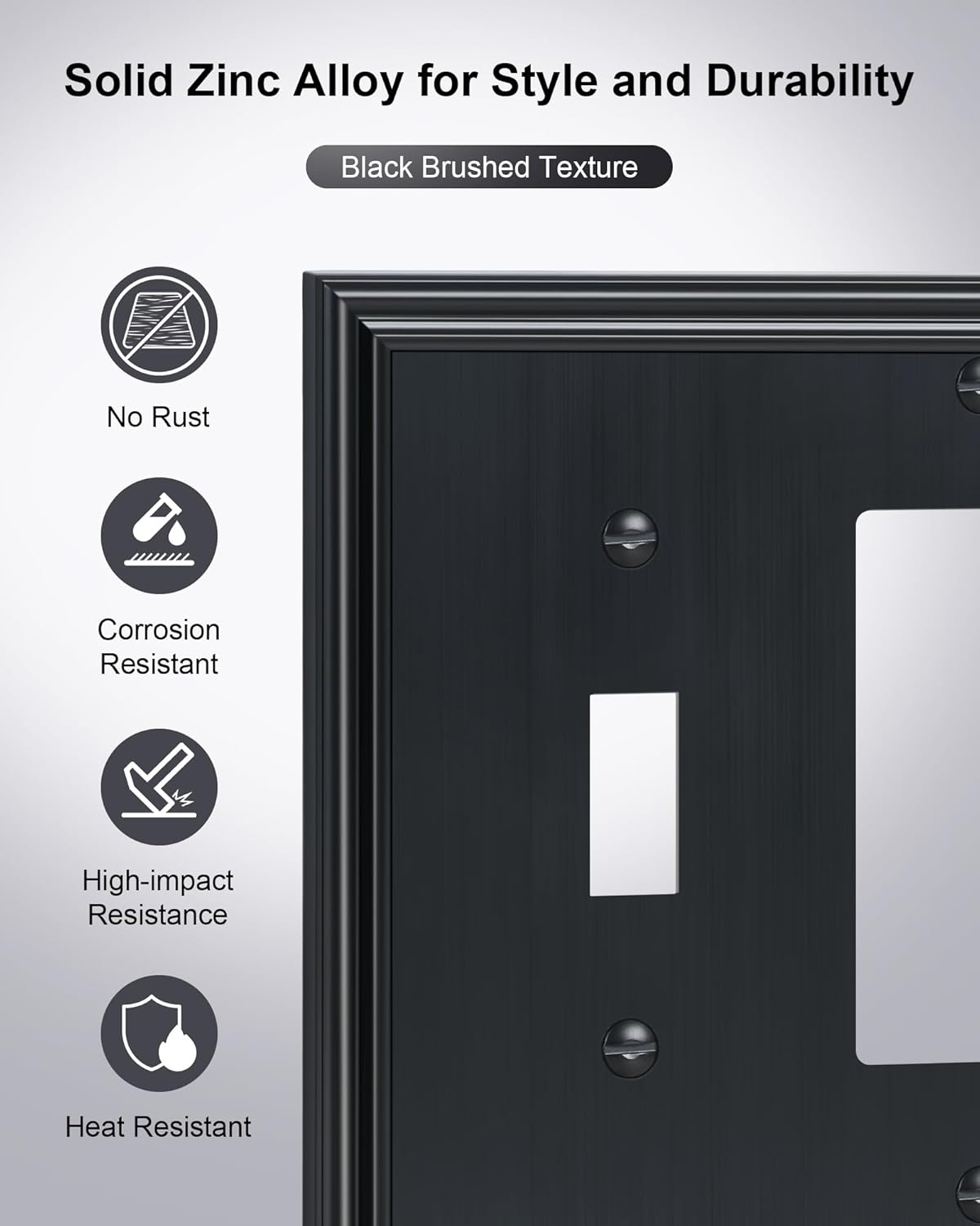 2-Pack Combo Toggle/Decorator Light Switch Cover Plate, Black Decorative Electrical Outlet Covers, Durable Solid Zinc Alloy Wall Switch Plates and Outlet Covers