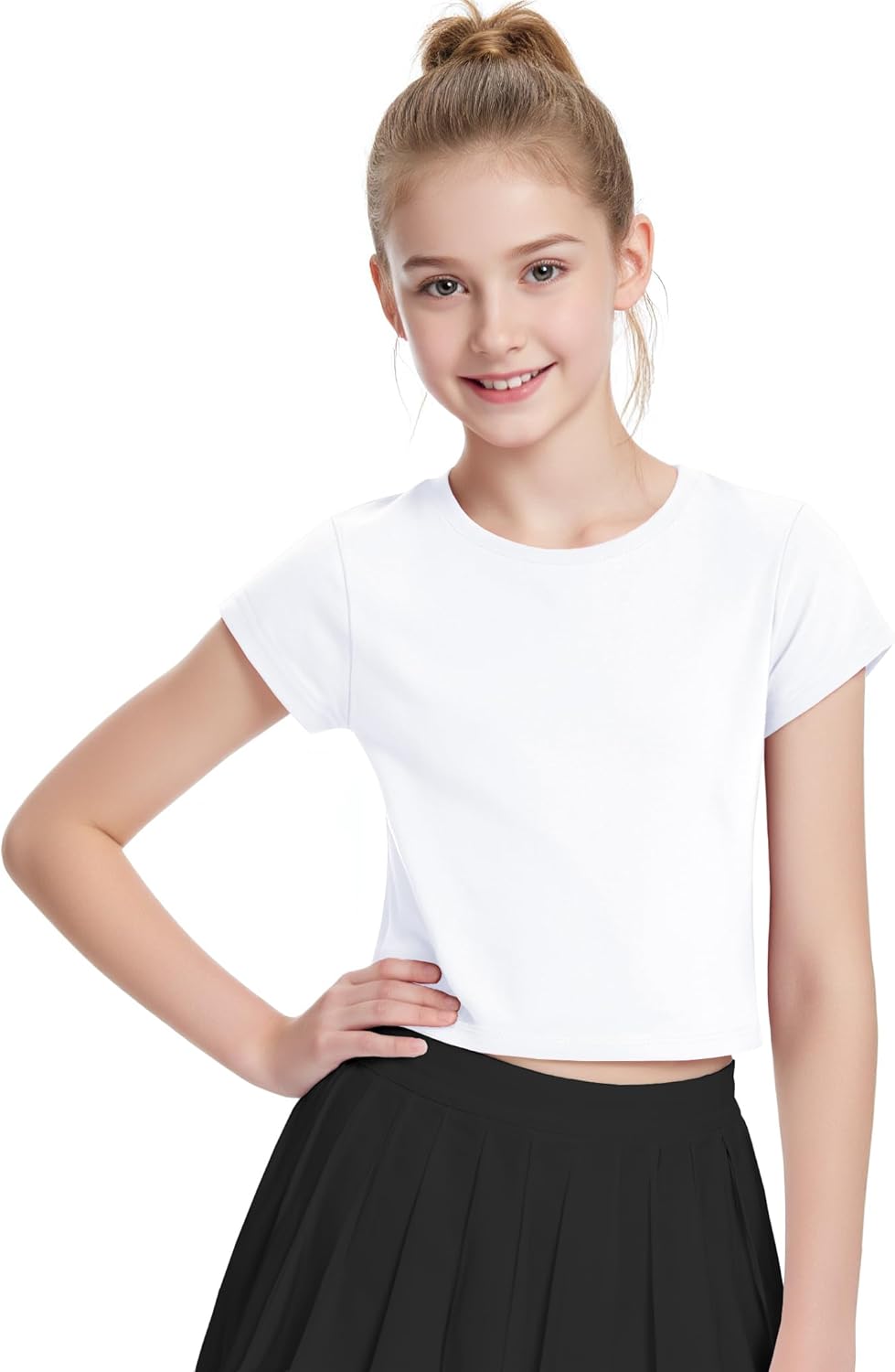 Auranso Girls Crop Tops Summer Short Sleeve Round Neck T Shirts Basic Tee for Kids