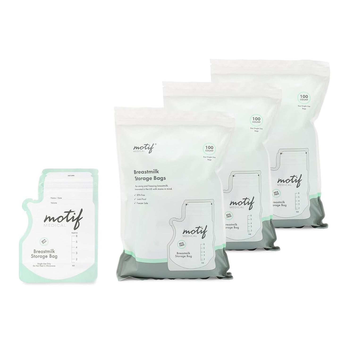 Motif Medical Breastmilk Storage Bags - Freezer Bag w/Easy Pour Spout, Write-On Label - Leak-Proof Double Zipper Milk Bags for Breastmilk - Breastfeeding Mom Gifts (6 oz, 300 Count)