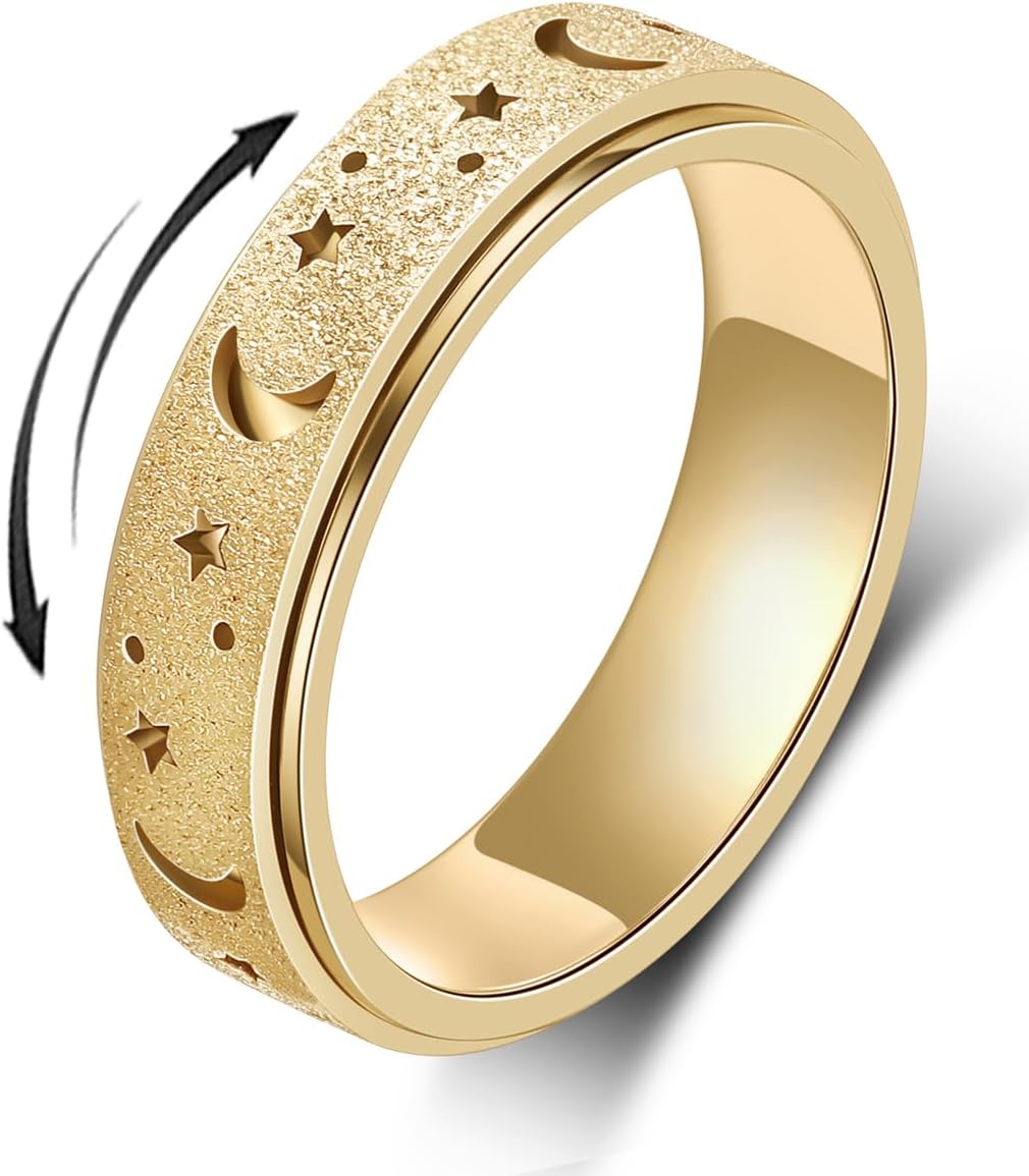 Anxiety Ring for Women Men, Titanium Stainless Steel Spinner Ring, 5 Colors, 6MM, Size 6-10, 3 Styles Anxiety Ring-Moon Star, Sandblasted Finished, Hollow Outer